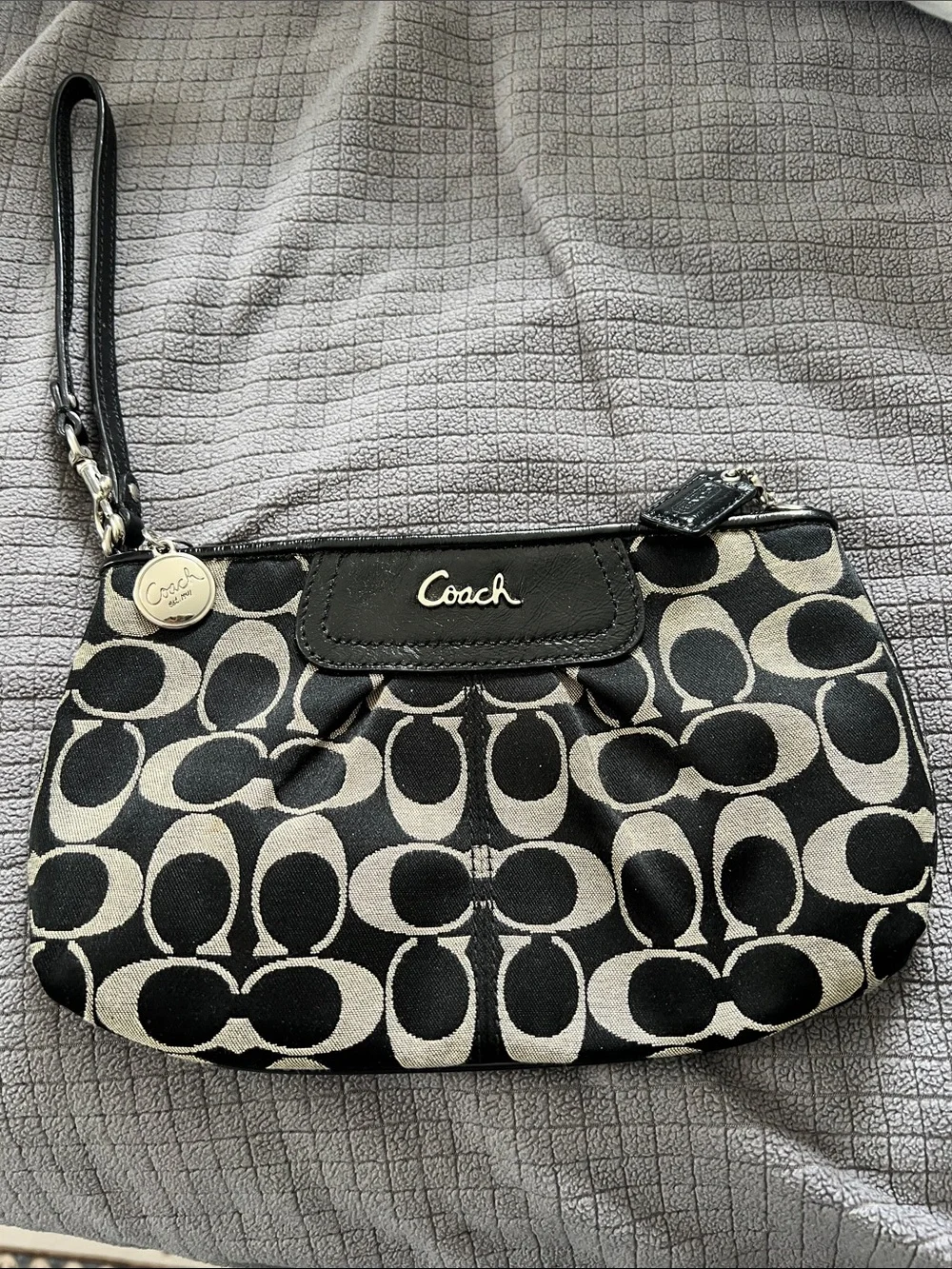 Coach Black and Cream Signature Wristlet with Removable Strap
